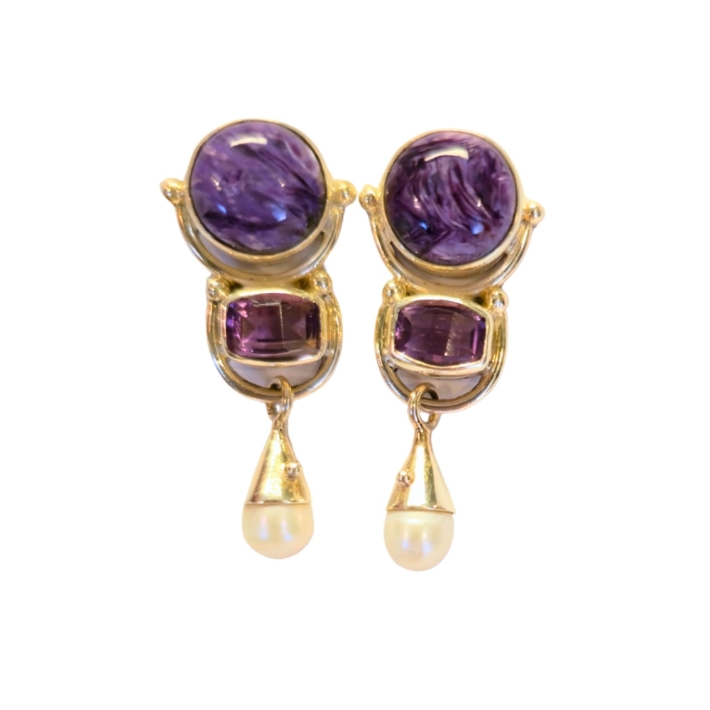 Sajen Sterling Silver Charoite/Amethyst/Pearl Drop Earringd